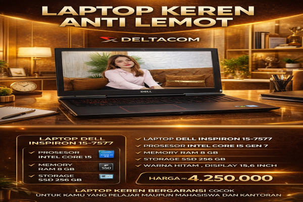 DELL INSPIRON 15-7577 , TYPE BARU BODY SLIM, PROSESOR INTEL CORE I5 GEN 7 MEMORY RAM 8 GB STORAGE SSD 256 GB DISPLAY 15,6 INCH MULUS , WARNAH HITAM ,